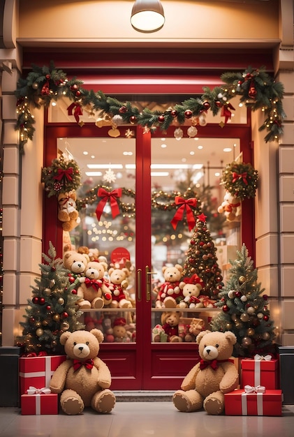 Um urso de pelúcia sentado na frente da loja com decoração de Natal