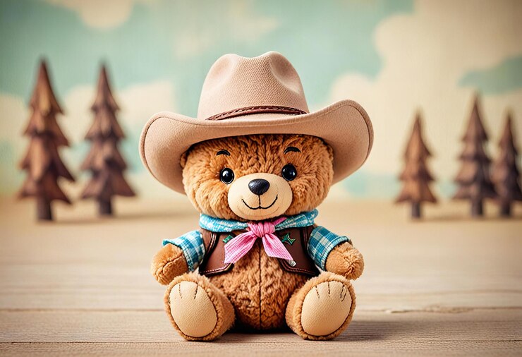 Foto um urso de pelúcia vestindo um chapéu de cowboy senta-se em uma mesa de madeira