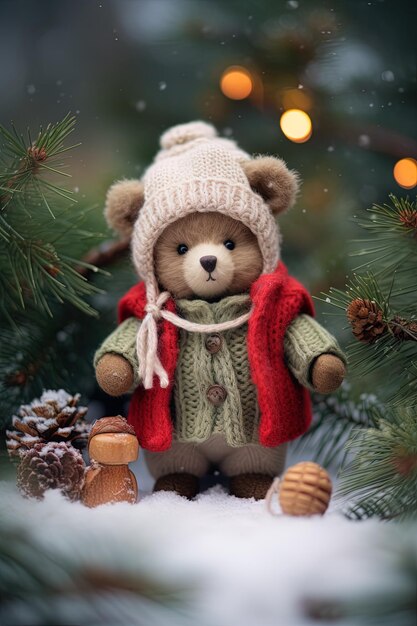 um urso de pelúcia vestindo um chapéu e um lenço está de pé na neve
