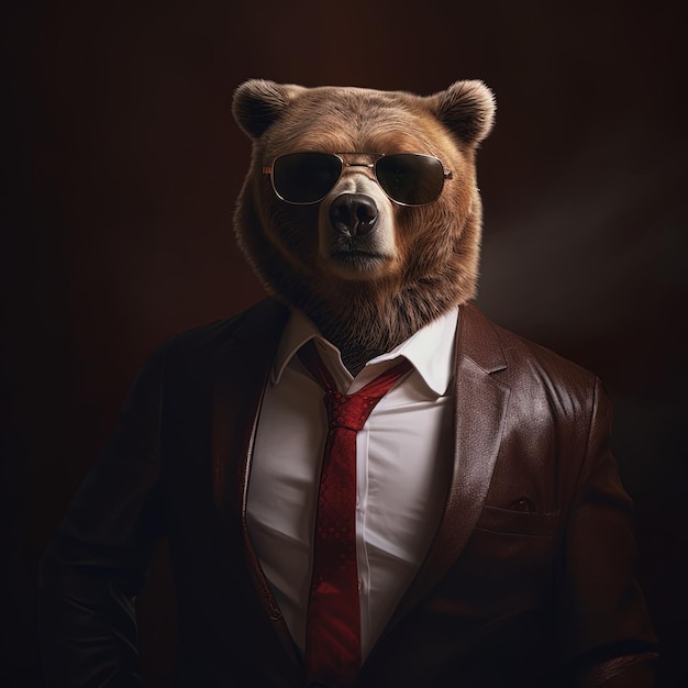 Foto um urso de terno e gravata está de terno e gravata.