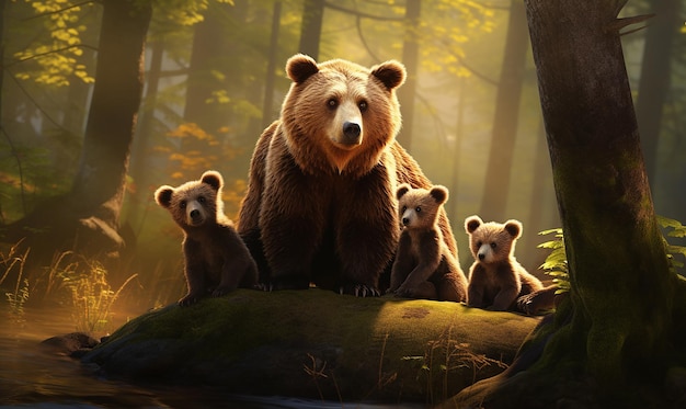 um urso e seus filhotes estão de pé numa floresta com um riacho ao fundo