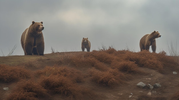 Um urso e seus filhotes estão em uma colina