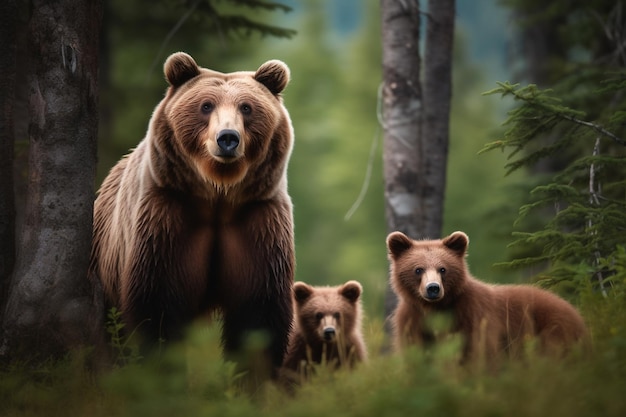 Um urso e seus filhotes estão parados na floresta.