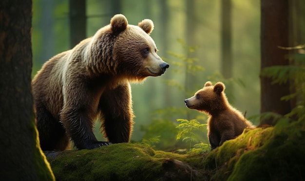 um urso e um filhote estão de pé numa floresta com o sol a brilhar através das árvores