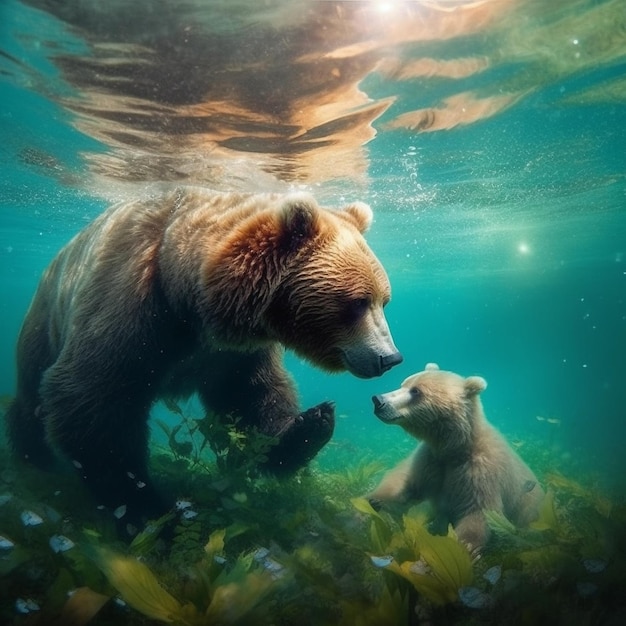 um urso e um urso estão nadando debaixo d'água.