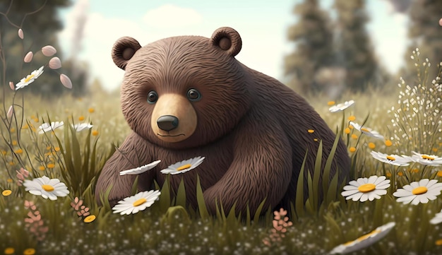 Um urso em um campo de flores