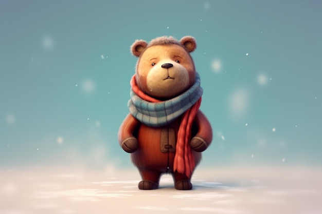 Um urso em um lenço vermelho fica em uma cena de neve.