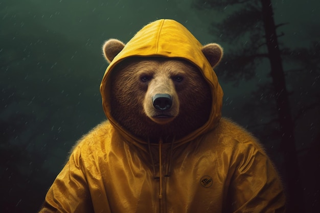 Um urso em uma capa de chuva amarela com um capuz que diz 'urso'