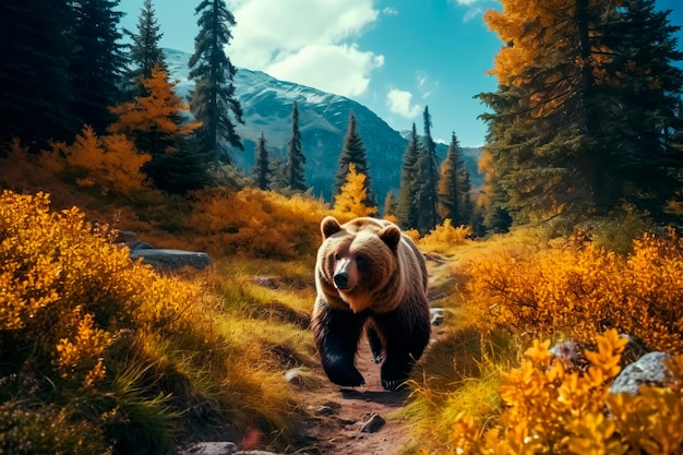 Um urso em uma floresta de montanha AI gerado