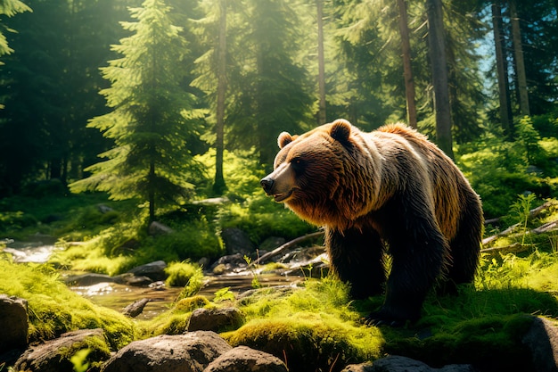 Um urso em uma floresta de montanha AI gerado