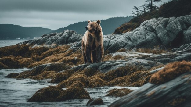 Um urso em uma praia rochosa com montanhas ao fundo