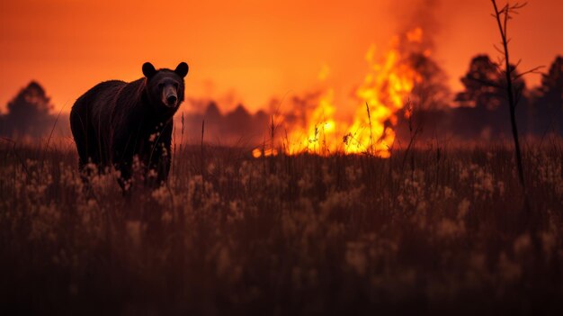 um urso está caminhando por um campo de grama e arbustos