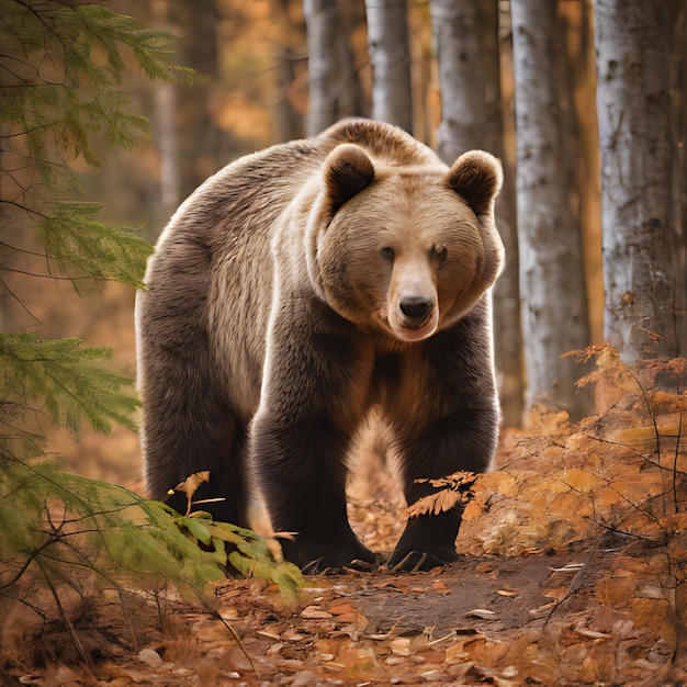um urso está caminhando por uma floresta com árvores ao fundo