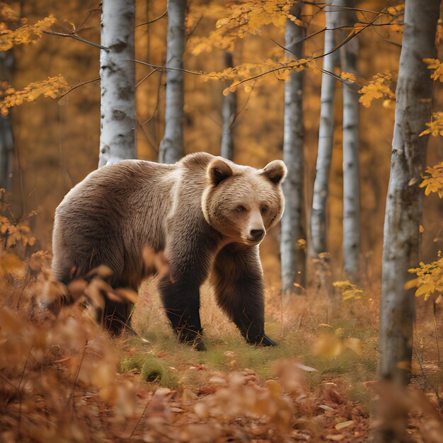 um urso está de pé na floresta com árvores ao fundo