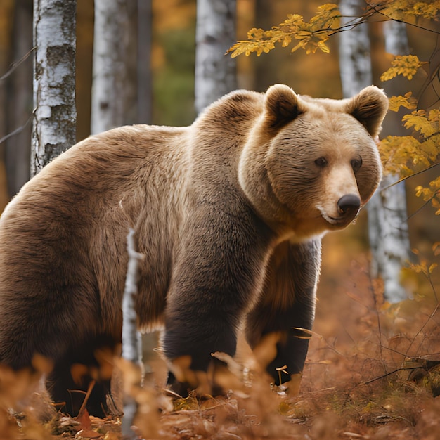 um urso está de pé na floresta com árvores ao fundo