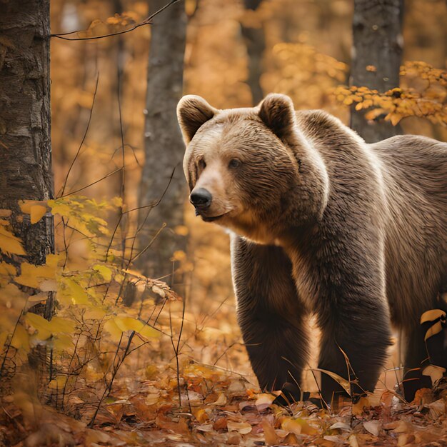 Foto um urso está de pé na floresta com folhas de queda