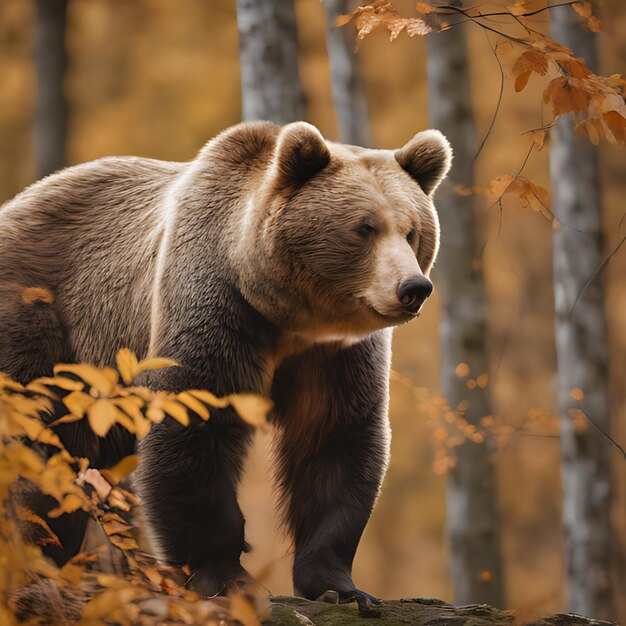 um urso está de pé na floresta com folhas de queda