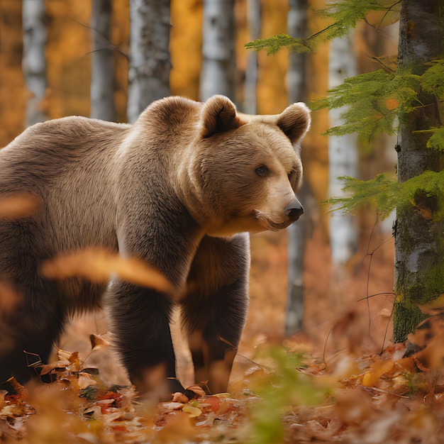 um urso está de pé na floresta com uma árvore ao fundo