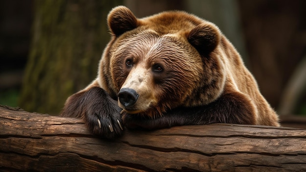 Um urso está descansando em um tronco na floresta.