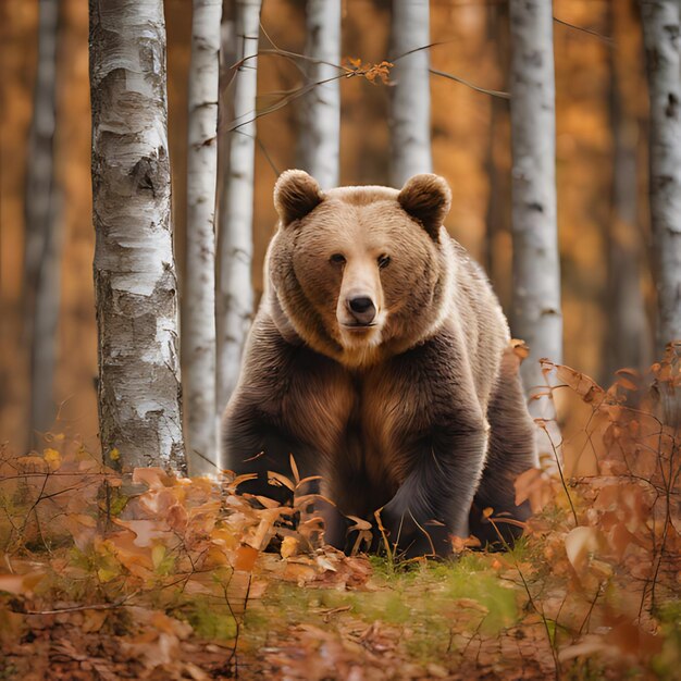 Foto um urso está em uma floresta com árvores de bétula