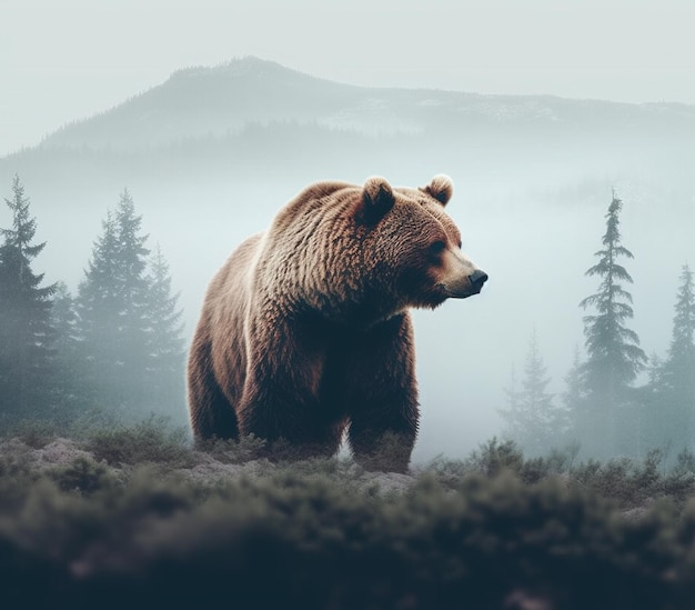 Um urso está em uma floresta com montanhas ao fundo.