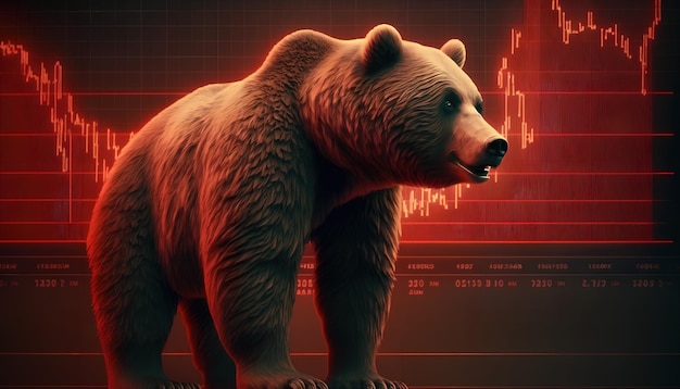 Um urso está na frente de um fundo do mercado de ações.
