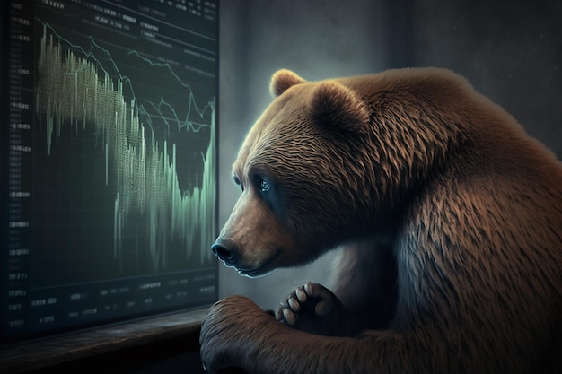 um urso está olhando para uma tela de computador com um gráfico gráfico nele.