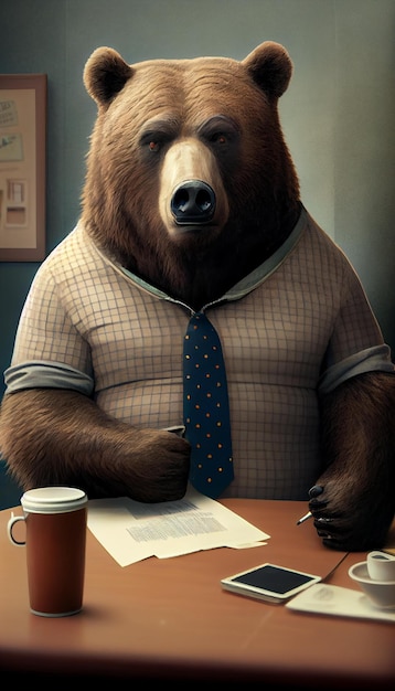 Foto um urso está sentado em uma mesa com uma caneta e uma xícara de café.