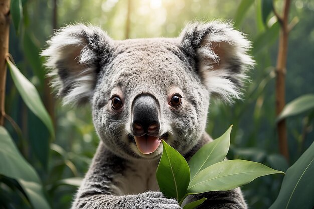 Foto um urso koala com uma folha na cabeça está segurando uma flor