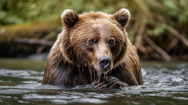 Um urso marrom nada em um rio.