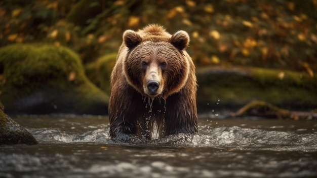 Um urso na água com folhas de outono no fundo