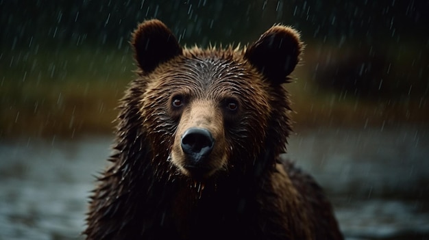 Um urso na chuva está olhando para a câmera.