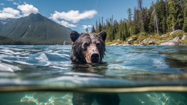 Um urso negro nada em um lago com montanhas ao fundo.