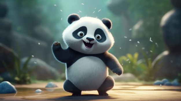 Um urso panda acenando em uma floresta