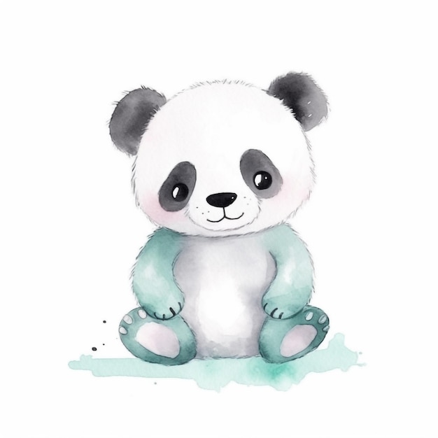 Um urso panda aquarela com pés azuis senta-se no chão.