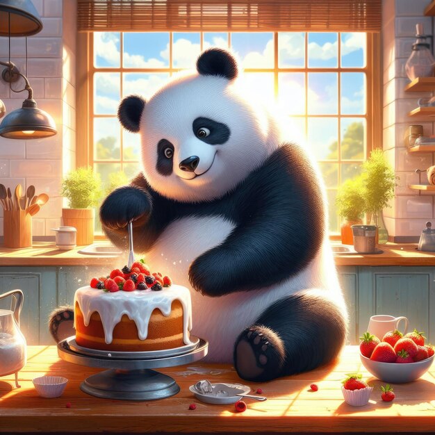 um urso panda assando um bolo em uma cozinha ensolarada arte digital