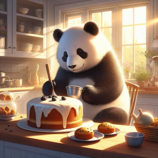 um urso panda assando um bolo em uma cozinha ensolarada arte digital