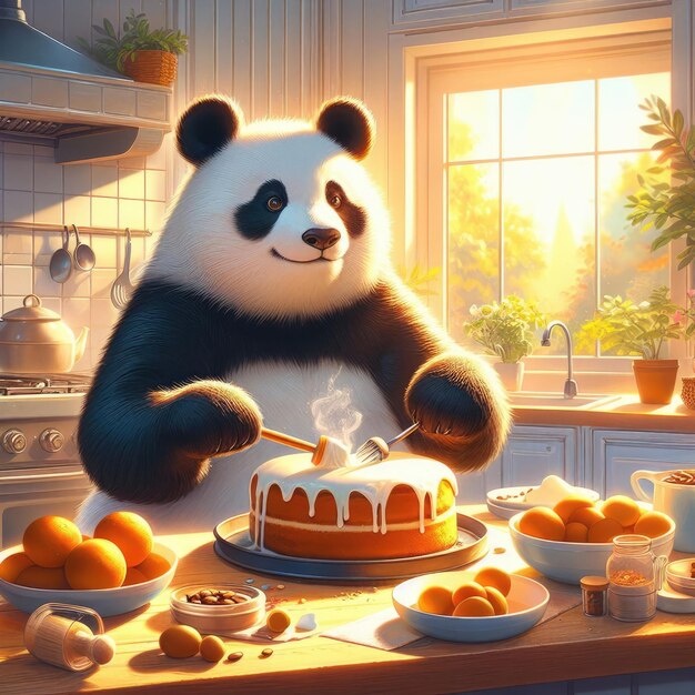 um urso panda assando um bolo em uma cozinha ensolarada arte digital