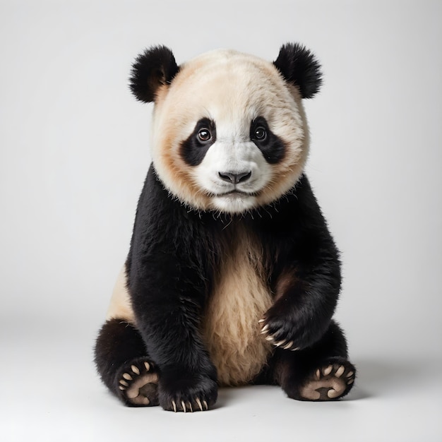 um urso panda com olhos pretos e um fundo branco