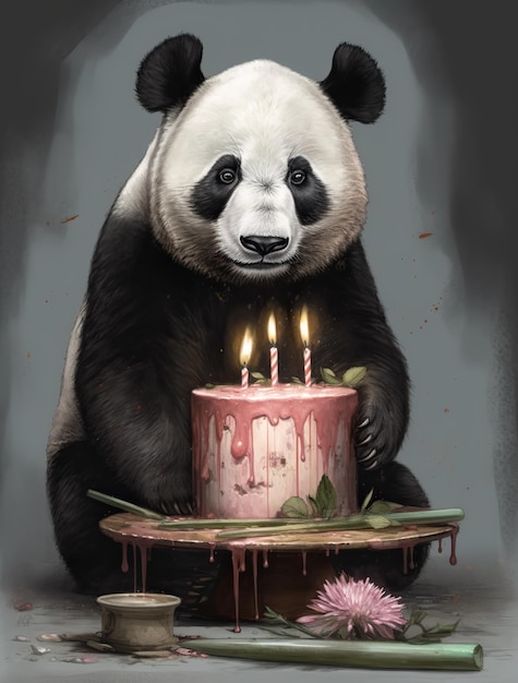 Um urso panda com um bolo de aniversário