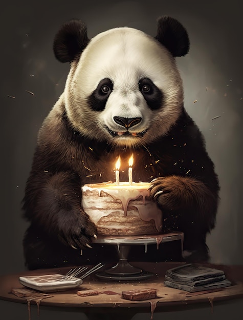 Um urso panda com um bolo de aniversário