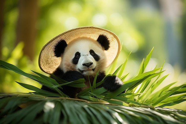 um urso panda com um chapéu de palha e um Chapéu de Palha