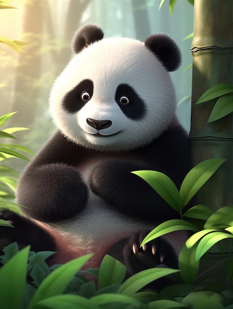 um urso panda com um fundo de bambu verde