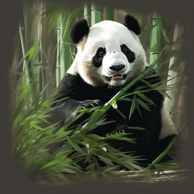 Um urso panda com um rosto preto e branco e um fundo de bambu.