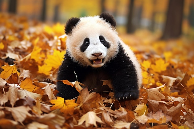 um urso panda com um rosto preto e branco e um rosto preto