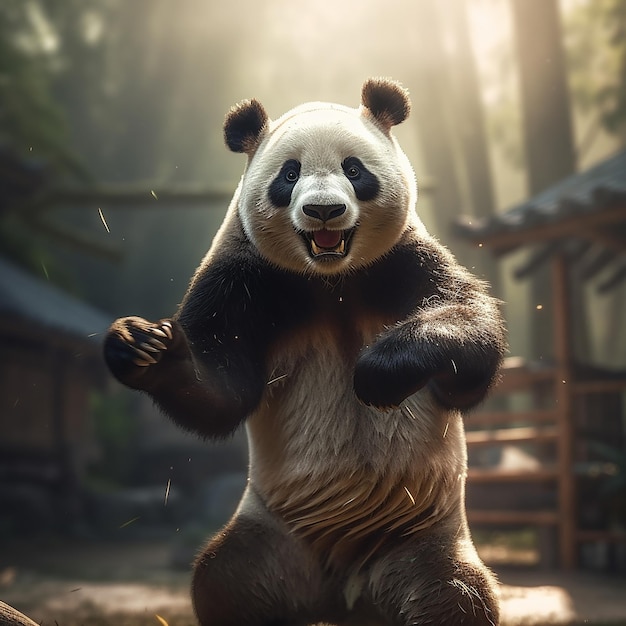 um urso panda com uma boca grande está de pé sobre as patas traseiras