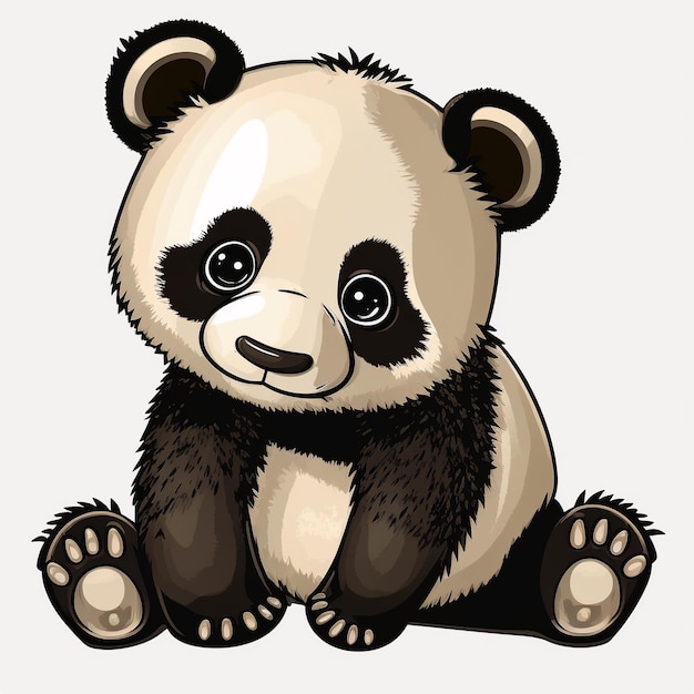 Um urso panda dos desenhos animados com um nariz preto e olhos negros senta-se em um fundo branco.