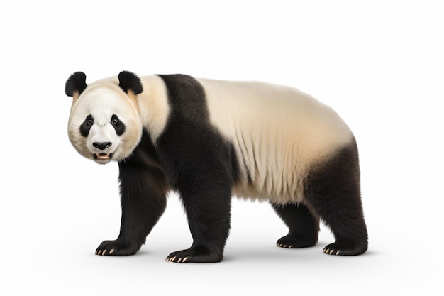 um urso panda em pé sobre uma superfície branca