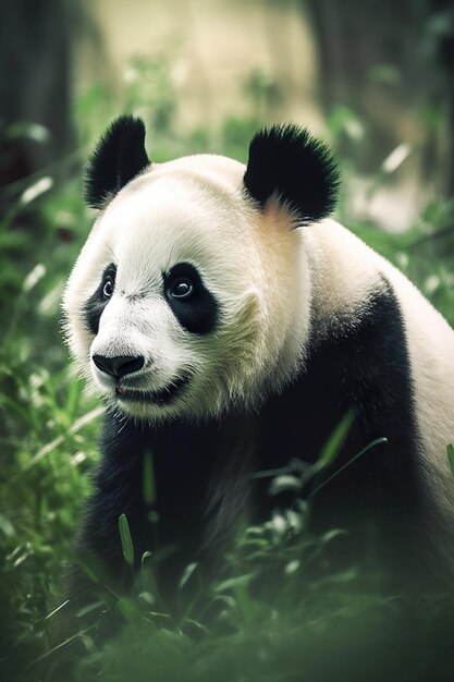 Um urso panda em um campo de grama