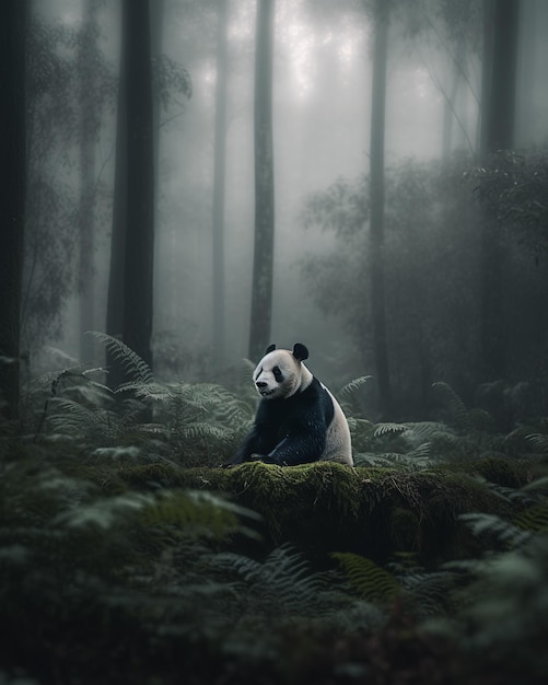 Um urso panda em uma floresta com uma camisa preta.